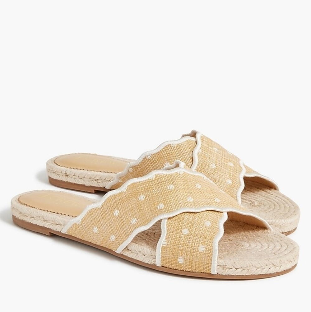J. Crew Scalloped polka-dot slide Tan and White Women's Sandals Rafia Sz 9 New